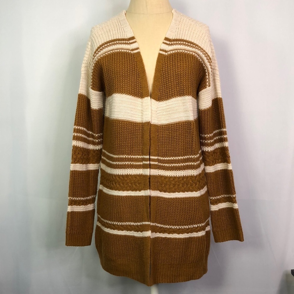 Pink Rose Woman’s Tan/ Cream Striped Knit Cardigan Crisscrossed Back Detail Sz S